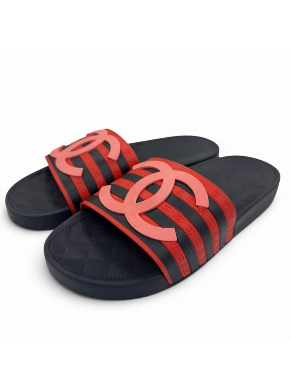 Chanel CC Logo Border Pattern Rubber Slides Sandals Red Navy